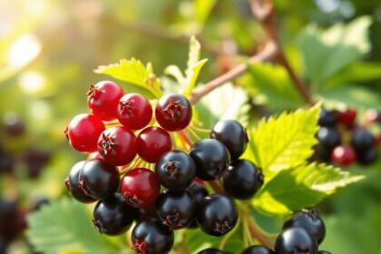 Bourgeons de cassis frais avec des feuilles vertes se prélassant au soleil doux, symbolisant la santé et le bien-être dans un cadre naturel.