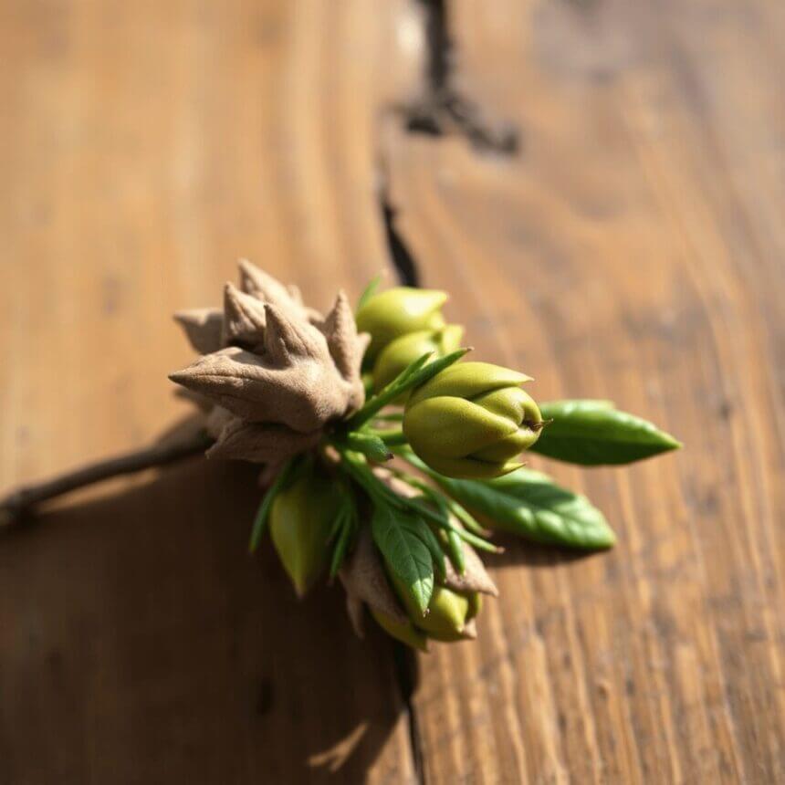 Bourgeons frais de chêne et de séquoia reposant sur un fond en bois, illuminés par une lumière vive, symbolisant la guérison naturelle, la tranquil...