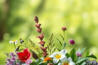 Arrangement esthétique de diverses plantes médicinales, y compris des herbes, des fleurs et des feuilles, sur un fond naturel flou, évoquant la tra...