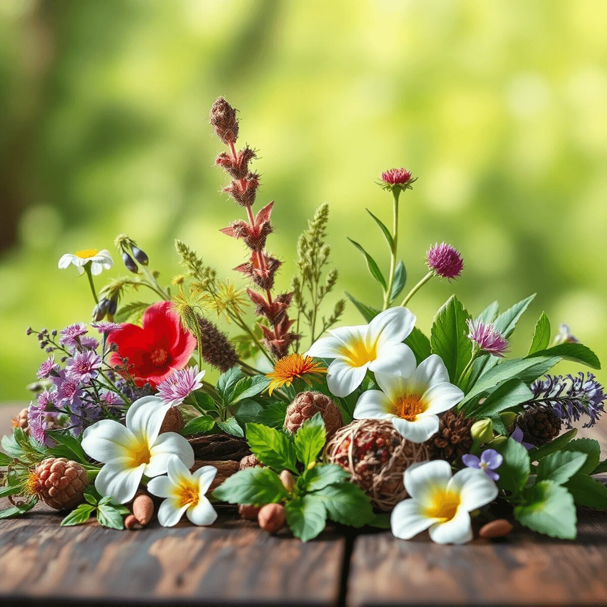 Arrangement esthétique de diverses plantes médicinales, y compris des herbes, des fleurs et des feuilles, sur un fond naturel flou, évoquant la tra...