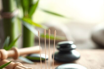 Aiguilles d'acupuncture disposées sur un fond de médecine traditionnelle chinoise avec un éclairage doux, du bambou et des pierres, évoquant un sen...