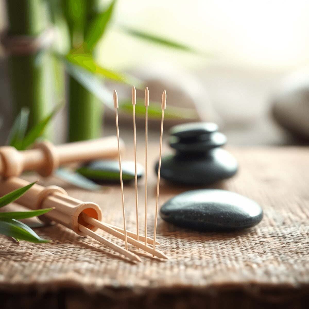 Aiguilles d'acupuncture disposées sur un fond de médecine traditionnelle chinoise avec un éclairage doux, du bambou et des pierres, évoquant un sen...