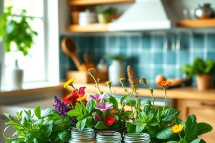 Arrangement esthétique de diverses herbes médicinales et plantes sur une table en bois, avec un arrière-plan de cuisine chaleureuse, évoquant le bi...