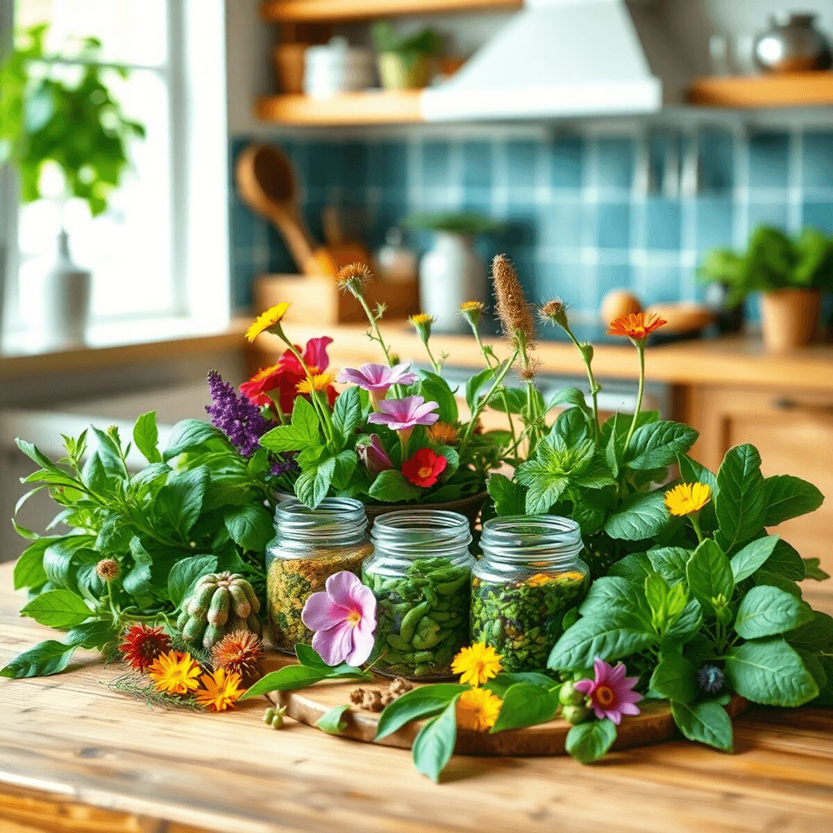 Arrangement esthétique de diverses herbes médicinales et plantes sur une table en bois, avec un arrière-plan de cuisine chaleureuse, évoquant le bi...