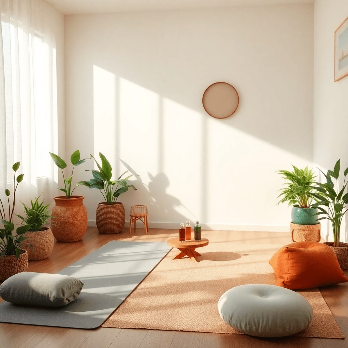 Un espace de yoga serein avec un éclairage doux, des plantes, un tapis de yoga, des coussins de méditation et une petite table avec des tisanes et ...