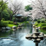 Un jardin japonais tranquille avec de l'eau qui coule, une végétation luxuriante, des cerisiers en fleurs, des pierres lisses et une petite fontain...