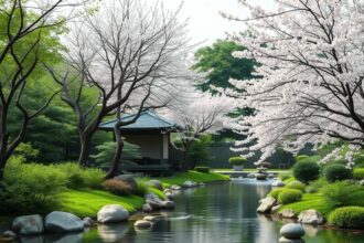 Un jardin japonais tranquille avec de l'eau qui coule, une végétation luxuriante, des cerisiers en fleurs, des pierres lisses et une petite fontain...