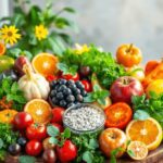 Une variété colorée de fruits, légumes et herbes frais sur une table en bois, dans un arrière-plan serein, promouvant la santé et le bien-être.