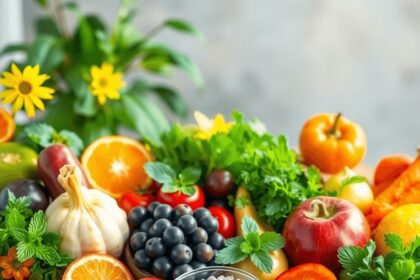 Une variété colorée de fruits, légumes et herbes frais sur une table en bois, dans un arrière-plan serein, promouvant la santé et le bien-être.