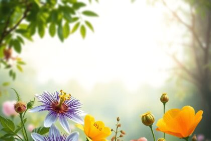 Un jardin tranquille avec différentes plantes médicinales telles que la passiflore, la valériane, le safran, l'aubépine et le coquelicot de Califor...