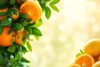 Un repas coloré et sain avec des agrumes, des légumes-feuilles, des noix et des herbes sur une table en bois clair, illuminée par la lumière du sol...