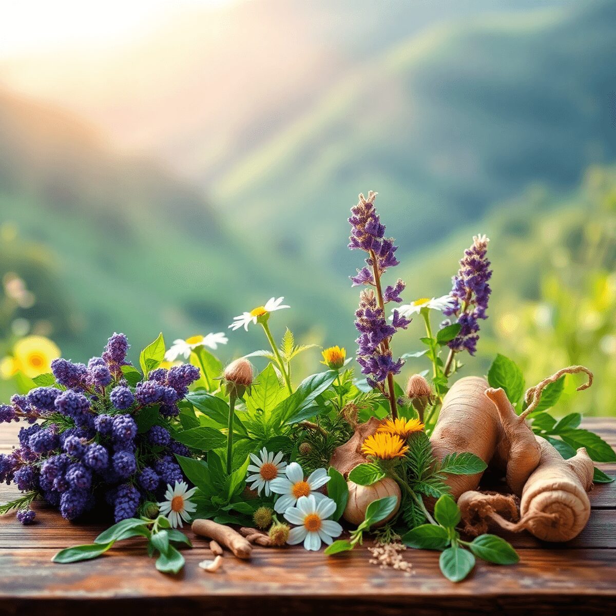 Une disposition artistique de plantes médicinales, comprenant de la lavande, de la camomille et du ginseng, sur une table en bois, doucement illumi...