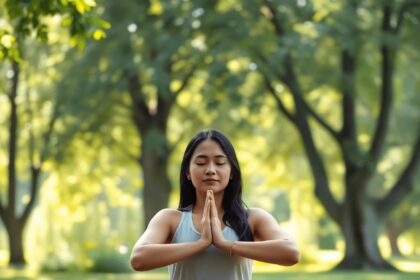 Une femme pratiquant le yoga dans un cadre extérieur tranquille, entourée d'une verdure luxuriante et de doux rayons de soleil, incarnant la paix e...