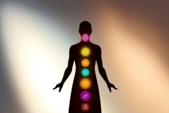 Une illustration colorée des sept chakras alignés dans une silhouette humaine, chaque chakra étant représenté par sa couleur et son symbole sur un ...