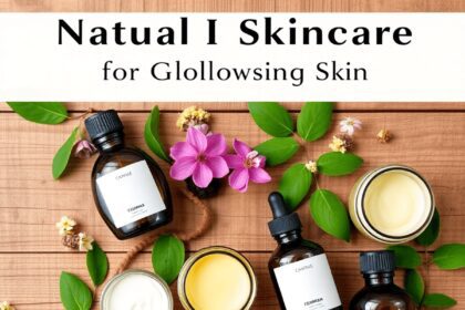 Une mise en scène de cosmétiques naturels sur une surface en bois, avec des pots de crèmes, des huiles essentielles et des ingrédients herbaux tels...