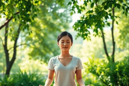 Une personne assise en tailleur sur un tapis doux dans un cadre extérieur paisible, entourée d'une végétation luxuriante et de doux rayons de solei...